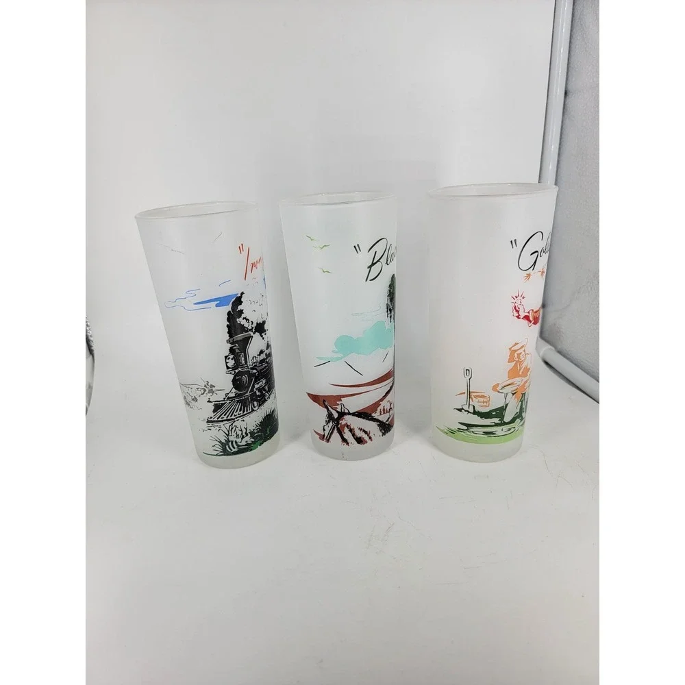 vtg frosted glass highball glasses Gold Strike Black Gold Iron Horse Southern Be